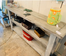 Load image into Gallery viewer, Rustic Farmhouse Bookcase: Distressed White &amp; Gray Wash Wooden Shelving
