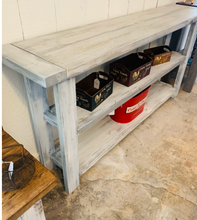 Load image into Gallery viewer, Rustic Farmhouse Bookcase: Distressed White &amp; Gray Wash Wooden Shelving
