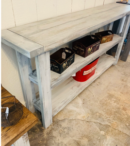 Rustic Farmhouse Bookcase: Distressed White & Gray Wash Wooden Shelving