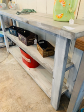 Load image into Gallery viewer, Rustic Farmhouse Bookcase: Distressed White &amp; Gray Wash Wooden Shelving
