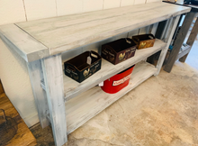 Load image into Gallery viewer, Rustic Farmhouse Bookcase: Distressed White &amp; Gray Wash Wooden Shelving
