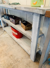Load image into Gallery viewer, Rustic Farmhouse Bookcase: Distressed White &amp; Gray Wash Wooden Shelving
