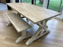 Load image into Gallery viewer, Rustic Farmhouse Dining Table Set: Gray Whitewash, Solid Wood Benches

