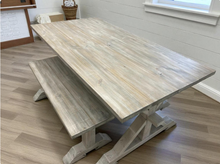 Load image into Gallery viewer, Rustic Farmhouse Dining Table Set: Gray Whitewash, Solid Wood Benches
