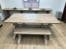 Load image into Gallery viewer, Rustic Farmhouse Dining Table Set: Gray Whitewash, Solid Wood Benches

