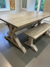 Load image into Gallery viewer, Rustic Farmhouse Dining Table Set: Gray Whitewash, Solid Wood Benches
