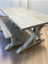 Load image into Gallery viewer, Rustic Farmhouse Dining Table Set: Gray Whitewash, Solid Wood Benches
