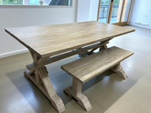 Load image into Gallery viewer, Rustic Farmhouse Dining Table Set: Gray Whitewash, Solid Wood Benches
