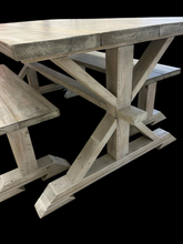 Load image into Gallery viewer, Rustic Farmhouse Dining Table Set: Gray Whitewash, Solid Wood Benches
