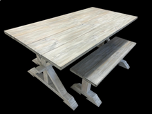 Load image into Gallery viewer, Rustic Farmhouse Dining Table Set: Gray Whitewash, Solid Wood Benches
