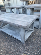 Load image into Gallery viewer, Farmhouse Coffee Table and End Tables Set: Distressed White Base, Gray White Wash Top
