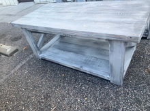 Load image into Gallery viewer, Farmhouse Coffee Table and End Tables Set: Distressed White Base, Gray White Wash Top
