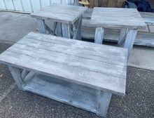 Load image into Gallery viewer, Farmhouse Coffee Table and End Tables Set: Distressed White Base, Gray White Wash Top
