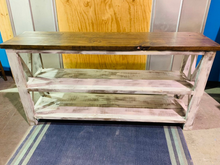 Load image into Gallery viewer, Rustic Wooden Buffet Table: Farmhouse Console with Distressed White Base
