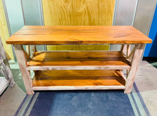 Load image into Gallery viewer, Rustic Farmhouse Buffet Table: Distressed White &amp; Gunstock Shelving
