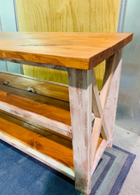 Load image into Gallery viewer, Rustic Farmhouse Buffet Table: Distressed White &amp; Gunstock Shelving
