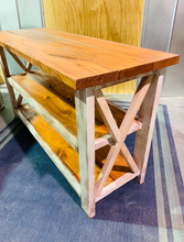 Load image into Gallery viewer, Rustic Farmhouse Buffet Table: Distressed White &amp; Gunstock Shelving
