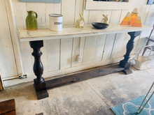 Load image into Gallery viewer, Farmhouse Entryway Table: Dark Walnut Base, Weathered White Top
