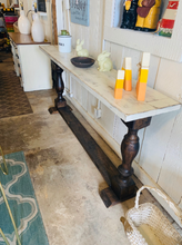Load image into Gallery viewer, Farmhouse Entryway Table: Dark Walnut Base, Weathered White Top
