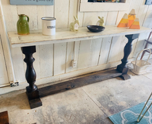 Load image into Gallery viewer, Farmhouse Entryway Table: Dark Walnut Base, Weathered White Top
