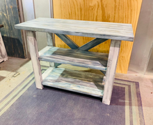 Load image into Gallery viewer, Rustic Farmhouse Entryway Table: Distressed White &amp; Navy Console
