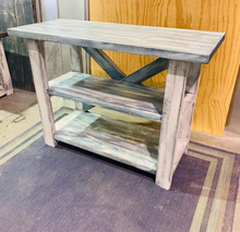 Load image into Gallery viewer, Rustic Farmhouse Entryway Table: Distressed White &amp; Navy Console
