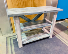 Load image into Gallery viewer, Rustic Farmhouse Entryway Table: Distressed White &amp; Navy Console
