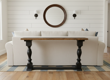 Load image into Gallery viewer, Farmhouse Entryway Table: Distressed Black Console Table with Provincial Brown Top
