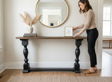 Load image into Gallery viewer, Farmhouse Entryway Table: Distressed Black Console Table with Provincial Brown Top
