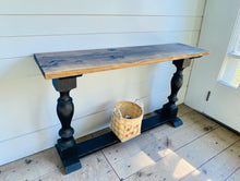 Load image into Gallery viewer, Farmhouse Entryway Table: Distressed Black Console Table with Provincial Brown Top
