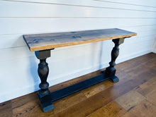 Load image into Gallery viewer, Farmhouse Entryway Table: Distressed Black Console Table with Provincial Brown Top
