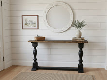 Load image into Gallery viewer, Farmhouse Entryway Table: Distressed Black Console Table with Provincial Brown Top
