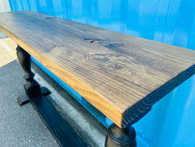 Load image into Gallery viewer, Farmhouse Entryway Table: Distressed Black Console Table with Provincial Brown Top
