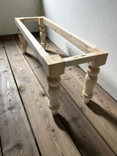Load image into Gallery viewer, DIY Farmhouse Bench Kit Turned Legs Unfinished Wood Base Fits 4-Foot or 5-Foot Seating
