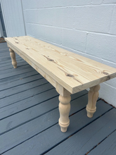 Load image into Gallery viewer, DIY Farmhouse Bench Kit Turned Legs Unfinished Wood Base Fits 4-Foot or 5-Foot Seating
