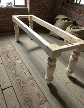 Load image into Gallery viewer, DIY Farmhouse Bench Kit Turned Legs Unfinished Wood Base Fits 4-Foot or 5-Foot Seating
