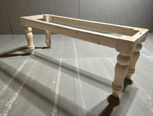 Load image into Gallery viewer, DIY Farmhouse Bench Kit Turned Legs Unfinished Wood Base Fits 4-Foot or 5-Foot Seating
