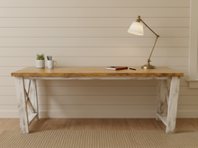 Load image into Gallery viewer, 6-Foot Rustic Farmhouse Desk: Provincial Top, Distressed White Base
