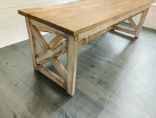 Load image into Gallery viewer, Rustic Farmhouse Desk: Dark Walnut Top, White Distressed Base, X Accents
