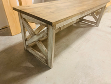 Load image into Gallery viewer, Rustic Farmhouse Desk: Dark Walnut Top, White Distressed Base, X Accents
