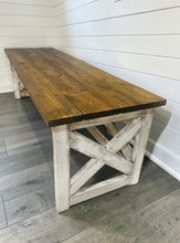 Load image into Gallery viewer, Rustic Farmhouse Desk: Dark Walnut Top, White Distressed Base, X Accents
