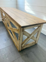 Load image into Gallery viewer, Rustic Farmhouse Desk: Dark Walnut Top, White Distressed Base, X Accents

