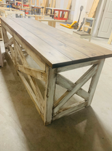 Load image into Gallery viewer, Rustic Farmhouse Desk: Dark Walnut Top, White Distressed Base, X Accents
