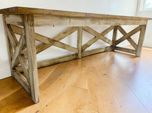 Load image into Gallery viewer, Rustic Farmhouse Desk: Dark Walnut Top, White Distressed Base, X Accents
