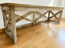 Load image into Gallery viewer, Rustic Farmhouse Desk: Dark Walnut Top, White Distressed Base, X Accents
