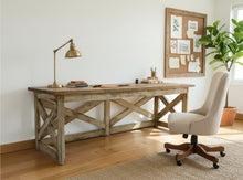 Load image into Gallery viewer, Rustic Farmhouse Desk: Dark Walnut Top, White Distressed Base, X Accents
