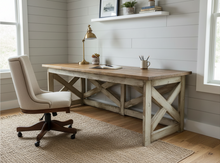 Load image into Gallery viewer, Rustic Farmhouse Desk: Dark Walnut Top, White Distressed Base, X Accents
