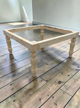 Load image into Gallery viewer, DIY Coffee Table Kit Unfinished Wood Top Turned Legs Rustic Farmhouse Living Room Furniture
