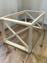 Load image into Gallery viewer, X Table Base Kit DIY Farmhouse Dining Wood Legs Skirting Rustic Unfinished Furniture
