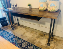Load image into Gallery viewer, Handmade Industrial Desk, Dark Walnut Wood Top, Gas Pipe Steel Legs
